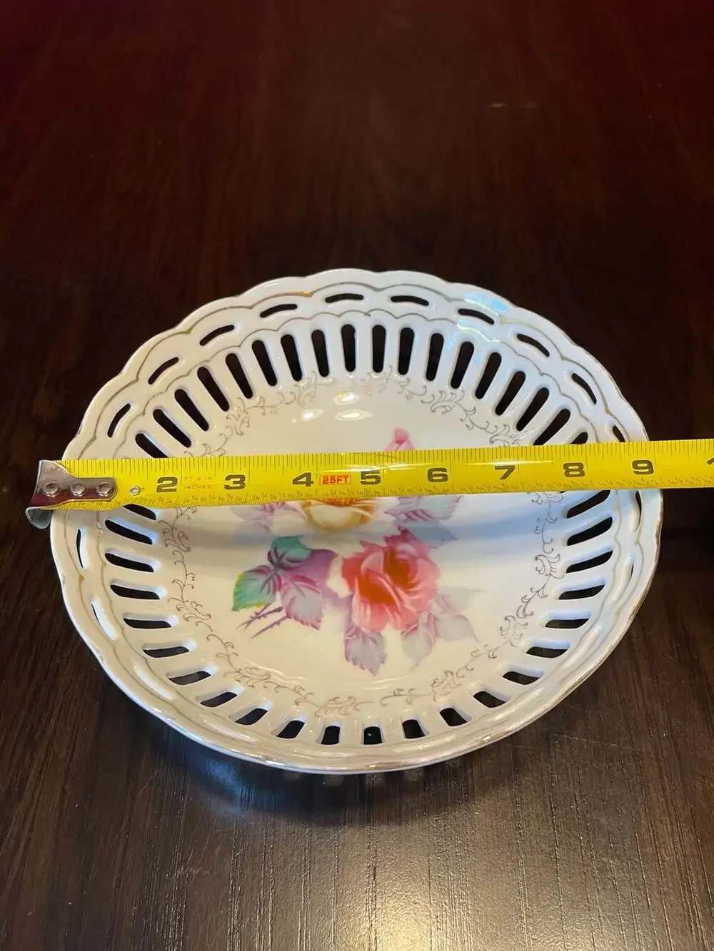 Vintage Hand-Painted Floral Reticulated Porcelain Bowl, Made in Japan